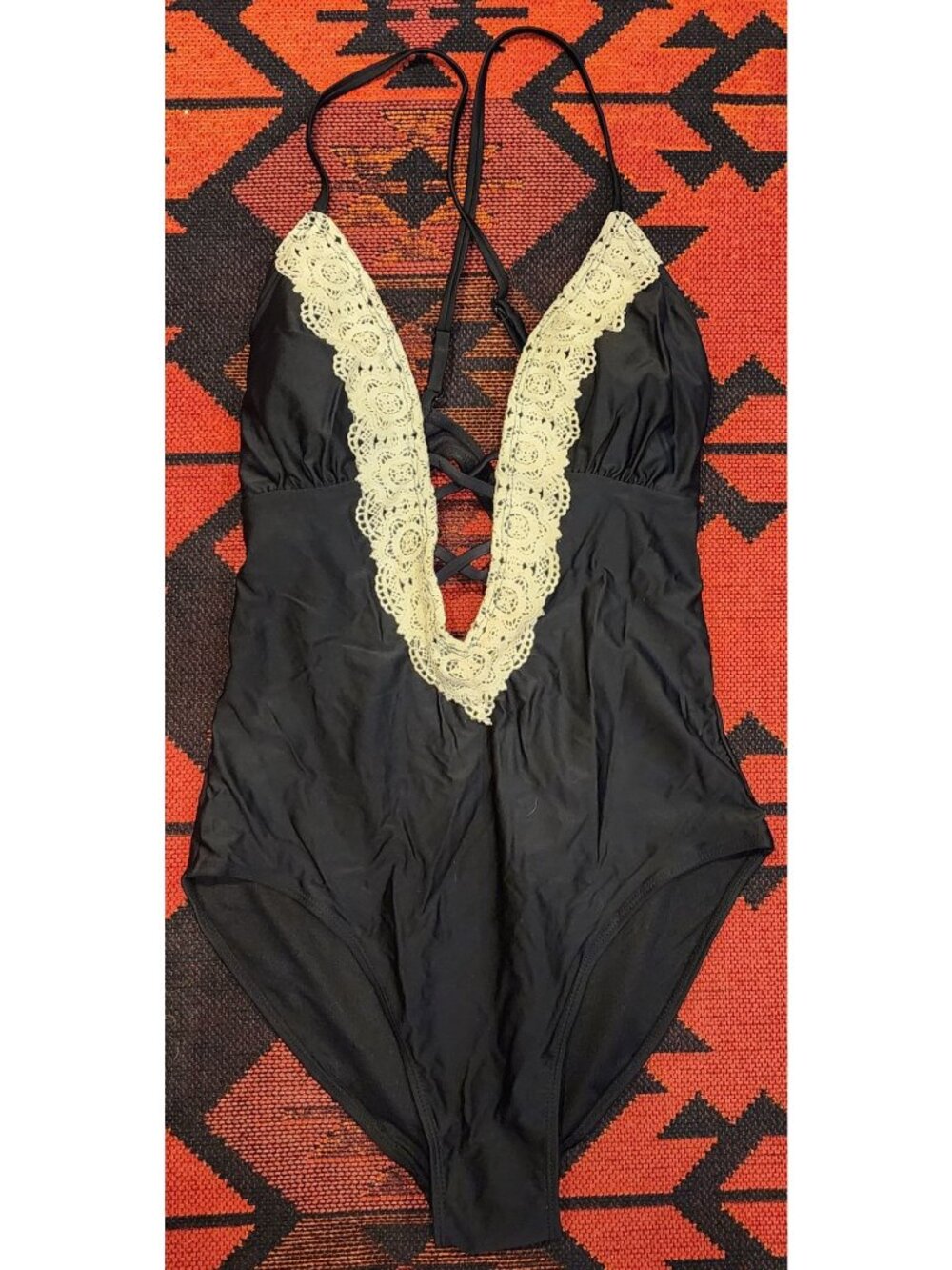 NEW No Boundaries Black, Lace-Trimmed Crochet One-Piece Swimsuit Size L